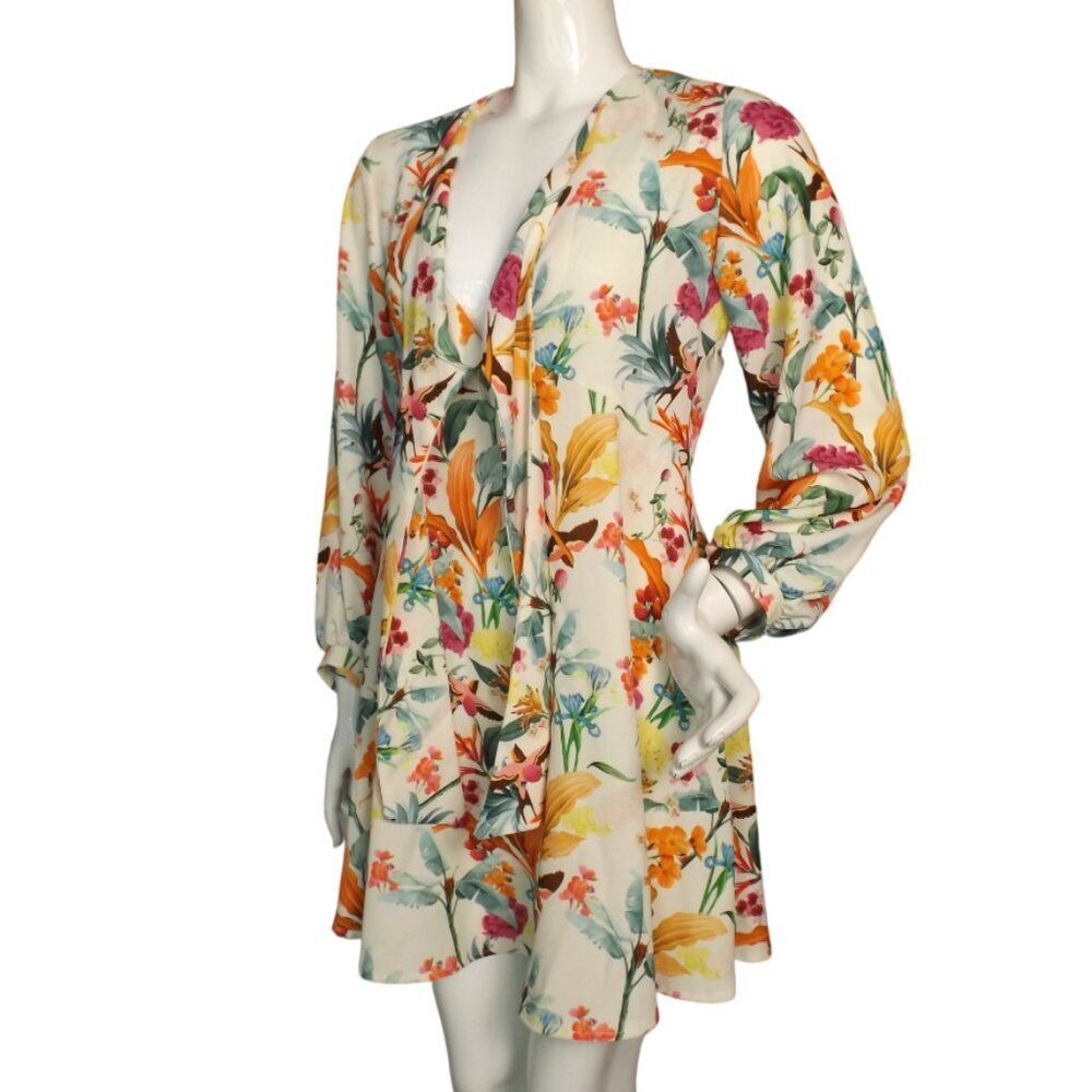 MICHELE NEGRI Mini Dress, M/44, White/Multicolor Floral, Long sleeve,Neck straps - Picture 5 of 13
